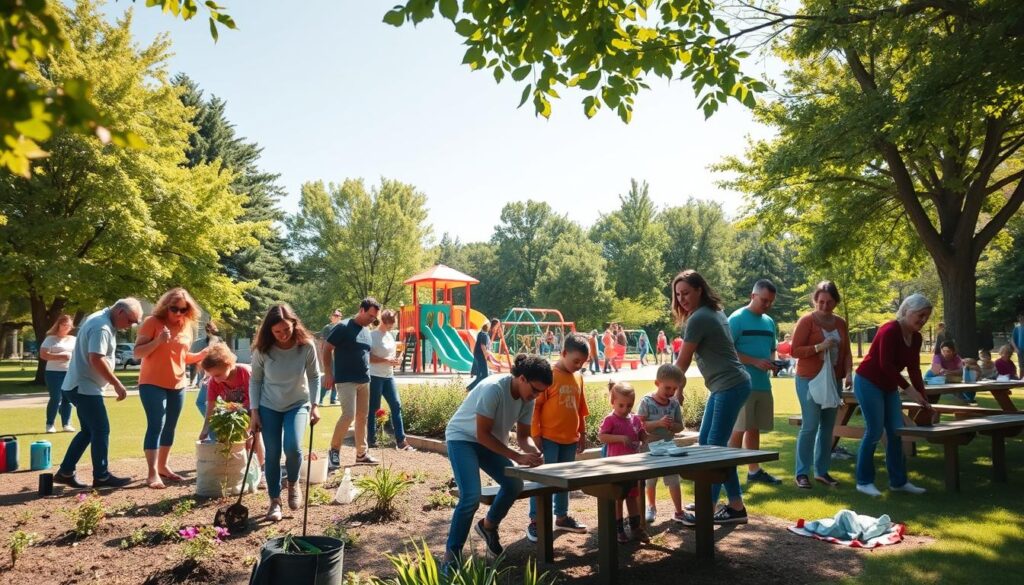 A vibrant community scene depicting volunteers from Clarkston working together in a sunlit park. In the foreground, a diverse group of volunteers, including adults and children, are joyfully engaging in various activities like planting flowers, painting park benches, and picking up litter, all dressed in casual yet respectful clothing. The middle ground features colorful playground equipment and a picnic area with families enjoying the day, emphasizing the community spirit. In the background, lush green trees and a bright blue sky create a welcoming atmosphere, enhancing the feeling of collaboration and joy. The image captures a warm, inviting mood, with soft sunlight filtering through the leaves, emphasizing the shared passion for improving the local community.