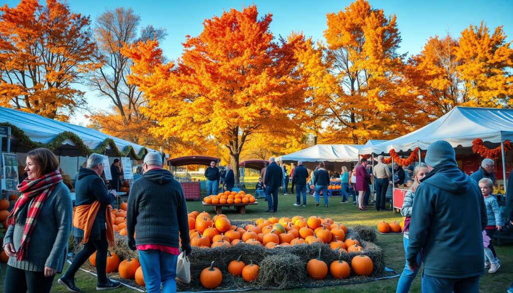 A vibrant fall festival scene in Clarkston preparing for colder weather. In the foreground, families dressed in cozy sweaters and scarves are setting up a colorful pumpkin display. The middle ground features stalls adorned with autumn decorations, selling hot apple cider and warm treats, as children enjoy hayrides and face painting. The background showcases trees adorned with brilliant orange and yellow foliage under a clear blue sky, hinting at an approaching chill. Soft, golden sunlight bathes the scene, creating a warm, inviting atmosphere. The angle is slightly elevated, capturing the hustle and bustle of the festival, emphasizing a sense of community and seasonal joy as people prepare for the cooler weather ahead.