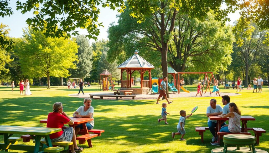 A vibrant family-friendly park scene showcasing various locations ideal for family events. In the foreground, an inviting picnic area with families sitting at colorful picnic tables, children playing frisbee, and laughter in the air. The middle ground features a playground with swings and slides, families enjoying activities, and a gazebo in the center adorned with flowers. In the background, lush green trees surround the park, with a clear blue sky and soft, warm sunlight filtering through the leaves, creating a cheerful ambiance. Capture the essence of joy and community, focusing on West Clarkston Park. Use a wide-angle lens to encompass the entire scene, ensuring the lighting highlights the happy expressions of the families involved. The mood is bright, inviting, and celebratory, perfect for illustrating park locations for family events.