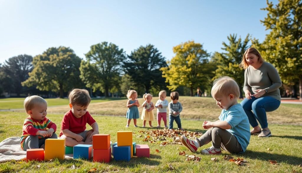 A vibrant outdoor scene depicting a lively toddler program in Clarkston, showcasing children engaged in various activities. In the foreground, two toddlers in colorful, modest outfits are playing with large building blocks on a soft, grassy area. In the middle, a small group of children are joyfully participating in a nature scavenger hunt, gathering leaves and small stones under the supervision of attentive caregivers dressed in casual, professional clothing. The background features a picturesque park with rich green trees and a clear blue sky, illuminated by warm sunlight, casting gentle shadows. The scene captures a sense of joy and exploration, highlighting the balance of indoor and outdoor play while fostering early childhood development.