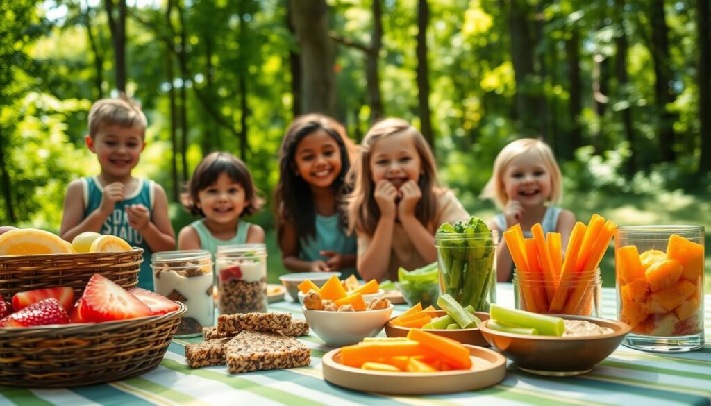 A vibrant, outdoor summer camp scene in Clarkston, featuring a picnic table laden with an array of colorful and healthy snacks. In the foreground, showcase a variety of nutritional treats, such as freshly cut fruit, granola bars, yogurt parfaits, and vegetable sticks with hummus. In the middle ground, children of diverse backgrounds, dressed in casual summer attire, happily enjoying their snacks, laughter and joy on their faces. The background captures a lush green forest with sunlight filtering through the trees, creating a warm, inviting atmosphere. The lighting is bright and cheerful, evoking the essence of summer. The composition emphasizes the fun and wholesome aspects of summer camp nutrition, inviting the viewer into the joyful experience. A vibrant, outdoor summer camp scene in Clarkston, featuring a picnic table laden with an array of colorful and healthy snacks. In the foreground, showcase a variety of nutritional treats, such as freshly cut fruit, granola bars, yogurt parfaits, and vegetable sticks with hummus. In the middle ground, children of diverse backgrounds, dressed in casual summer attire, happily enjoying their snacks, laughter and joy on their faces. The background captures a lush green forest with sunlight filtering through the trees, creating a warm, inviting atmosphere. The lighting is bright and cheerful, evoking the essence of summer. The composition emphasizes the fun and wholesome aspects of summer camp nutrition, inviting the viewer into the joyful experience.