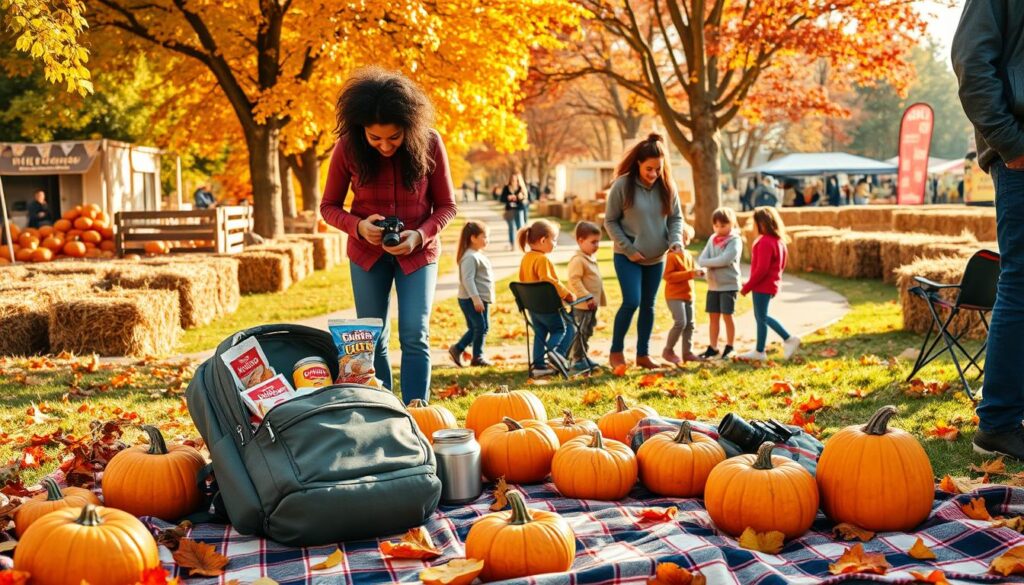 A vibrant scene depicting a fall festival in Clarkston, featuring a diverse group of families packing essentials for a fun day out. In the foreground, a picnic blanket is spread with pumpkins, apple cider donuts, and a thermos of hot apple cider. Parents are thoughtfully organizing a backpack filled with snacks, folding chairs, and a camera. In the middle ground, a winding pathway leads through colorful autumn leaves, with children in modest casual clothing gathering around a pumpkin display. The background showcases a festive atmosphere with hay bales, colorful banners, and trees adorned with golden and red foliage. The sunlight filters gently through the leaves, casting a warm glow over the scene, evoking a cheerful, family-friendly mood. The angle is slightly elevated, capturing both the details of the packing essentials and the festival's lively ambiance.