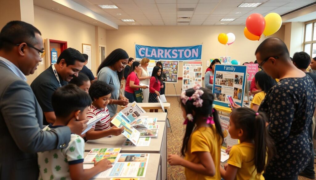 A vibrant scene depicting a family-friendly registration event in Clarkston. In the foreground, a diverse group of families is seen interacting at a registration table, where friendly staff in professional attire assist them. Parents are filling out forms while children excitedly look at colorful brochures showcasing various family programs. In the middle ground, decorated tables display information boards and visual displays illustrating the activities offered. The background features cheerful banners and balloons, enhancing a festive atmosphere. Soft, warm lighting creates an inviting ambiance, suggesting a welcoming environment. The angle captures the essence of community engagement and the joy of families coming together for registration, conveying a feeling of excitement and opportunity.