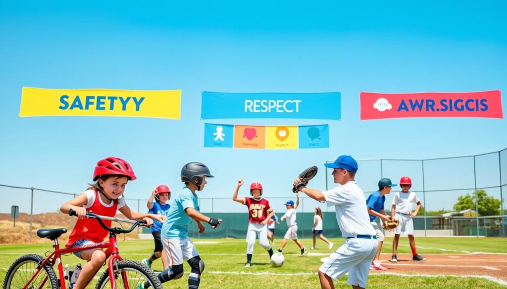 A vibrant scene depicting children participating in various sports while adhering to safety guidelines. In the foreground, a girl wearing a helmet rides her bicycle alongside a boy in knee pads dribbling a soccer ball. The middle section features a baseball game where kids are wearing mitts and helmets, with a coach demonstrating proper stretching techniques. In the background, a clear blue sky and a well-maintained sports field set a cheerful ambiance, with colorful banners illustrating sportsmanship symbols like teamwork and respect. The lighting is bright and sunny, emphasizing a safe and encouraging environment for youth sports. The mood is energetic and positive, capturing excitement while promoting the importance of safety and sportsmanship in youth leagues.