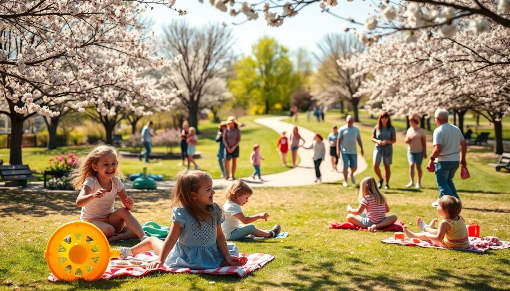 A vibrant scene depicting families enjoying various kid-friendly activities in a sunny Clarkston park during springtime. In the foreground, children are laughing and playing on colorful playground equipment, while parents supervise nearby on picnic blankets scattered with snacks. In the middle ground, a diverse group of families engage in a fun outdoor game, such as frisbee or double dutch, surrounded by blooming flowers and lush green trees. In the background, families stroll along a winding path lined with cherry blossom trees, their petals gently falling like confetti. The lighting is warm and bright, capturing the joyful atmosphere of a sunny day. The image is framed with a shallow depth of field, focusing on the playful interactions of the children while softly blurring the surrounding scenery to create an inviting, cheerful ambiance.