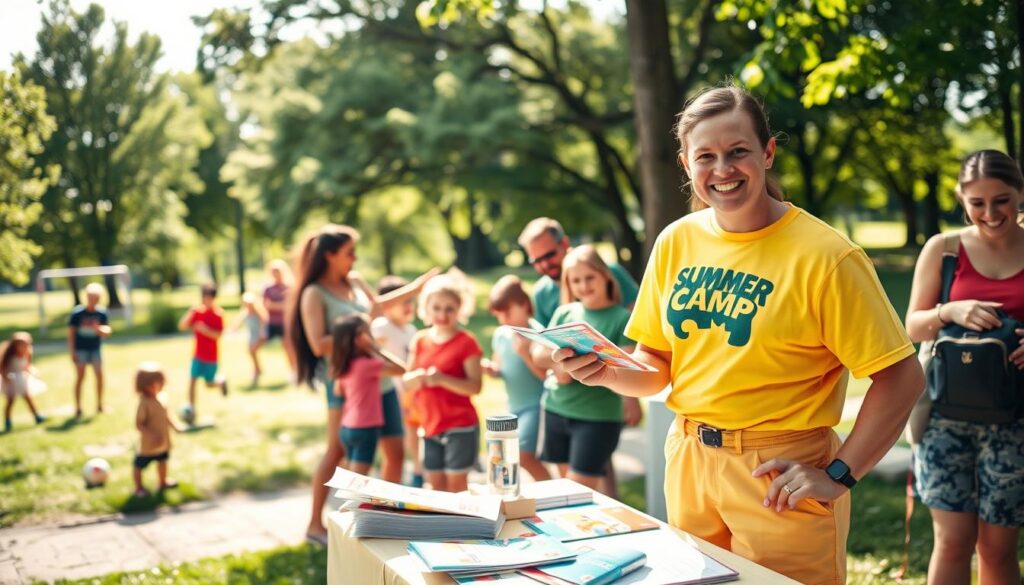 A vibrant summer camp registration scene set against the backdrop of a lush green park in Clarkston. In the foreground, a friendly camp counselor stands behind an inviting registration table adorned with colorful brochures and registration forms, wearing a bright camp t-shirt and shorts. To the left, enthusiastic parents and children are engaged in a lively discussion, eagerly pointing at the brochures. In the middle ground, a group of children is playing with sports equipment, with the sun filtering through the trees, casting dappled light on the scene. The overall atmosphere is cheerful and welcoming, conveying excitement about summer activities. Ensure the lighting is bright and sunny, capturing the essence of summer. Use a wide-angle lens to encompass the bustling scene, with a soft focus on the background for depth. A vibrant summer camp registration scene set against the backdrop of a lush green park in Clarkston. In the foreground, a friendly camp counselor stands behind an inviting registration table adorned with colorful brochures and registration forms, wearing a bright camp t-shirt and shorts. To the left, enthusiastic parents and children are engaged in a lively discussion, eagerly pointing at the brochures. In the middle ground, a group of children is playing with sports equipment, with the sun filtering through the trees, casting dappled light on the scene. The overall atmosphere is cheerful and welcoming, conveying excitement about summer activities. Ensure the lighting is bright and sunny, capturing the essence of summer. Use a wide-angle lens to encompass the bustling scene, with a soft focus on the background for depth.
