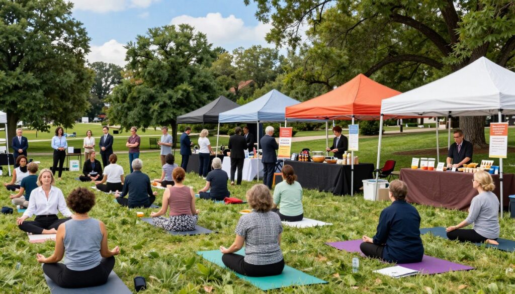 A vibrant wellness event in Clarkston, showcasing a lively outdoor community gathering. In the foreground, a diverse group of people of various ages, all dressed in professional business attire and modest casual clothing, are engaged in wellness activities such as yoga, meditation, and healthy cooking demonstrations. The middle ground features colorful tents and booths with wellness vendors, offering holistic health products and nutritious food samples. The background shows a scenic Clarkston park with lush greenery and trees, under a bright blue sky with soft, natural lighting. The overall mood is uplifting and inviting, capturing the essence of community and well-being during the monthly highlights of wellness events throughout the year.