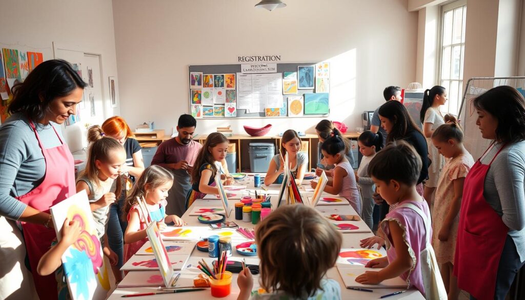 A welcoming art classroom scene in Clarkston, filled with diverse families engaged in colorful creative projects. In the foreground, children of various ages, wearing aprons, are painting canvases with bright colors, while parents assist them, all dressed in modest casual clothing. In the middle ground, a large table is covered with art supplies such as brushes, paints, and paper, creating a lively atmosphere of learning and creativity. The background showcases a bulletin board with registration details pinned on it, framed by colorful artwork created by previous students. Soft, natural light streams in through large windows, casting warm, inviting shadows. The overall mood is joyful and inspiring, emphasizing community engagement and the excitement of art classes.