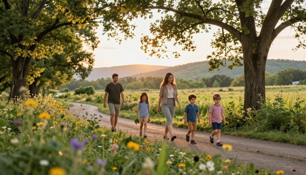 A scenic nature walk in Clarkston during the golden hour, showcasing a family of four dressed in casual, comfortable clothing. In the foreground, vibrant wildflowers and lush green foliage frame the scene, while children are playfully collecting leaves. In the middle ground, the family is joyfully meandering along a winding, well-trodden path lined with scenic trees, their sunlight-dappled branches creating a soft, natural canopy overhead. In the background, rolling hills and soft, glowing sunset colors provide a warm atmosphere, enhancing the feeling of tranquility and adventure. Captured with a wide-angle lens to emphasize the expansiveness of the environment, ensure soft focus on the background for depth, creating a serene and inviting mood that reflects the spirit of guided nature tours.