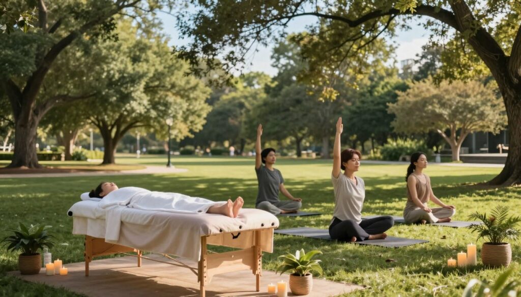 A serene Clarkston park scene focusing on spa services designed for stress relief. In the foreground, a peaceful area features a massage table draped in soft fabrics, surrounded by gentle candles and potted plants. In the middle ground, a couple of individuals dressed in professional, modest attire are engaged in calming yoga poses, exuding tranquility. The background showcases lush green trees swaying lightly in a soft breeze, with a clear blue sky enhancing the calming atmosphere. Warm, natural light filters through the leaves, creating dappled shadows on the grass. The overall mood conveys relaxation and rejuvenation, inviting viewers to immerse themselves in a moment of peace and well-being. A serene Clarkston park scene focusing on spa services designed for stress relief. In the foreground, a peaceful area features a massage table draped in soft fabrics, surrounded by gentle candles and potted plants. In the middle ground, a couple of individuals dressed in professional, modest attire are engaged in calming yoga poses, exuding tranquility. The background showcases lush green trees swaying lightly in a soft breeze, with a clear blue sky enhancing the calming atmosphere. Warm, natural light filters through the leaves, creating dappled shadows on the grass. The overall mood conveys relaxation and rejuvenation, inviting viewers to immerse themselves in a moment of peace and well-being.
