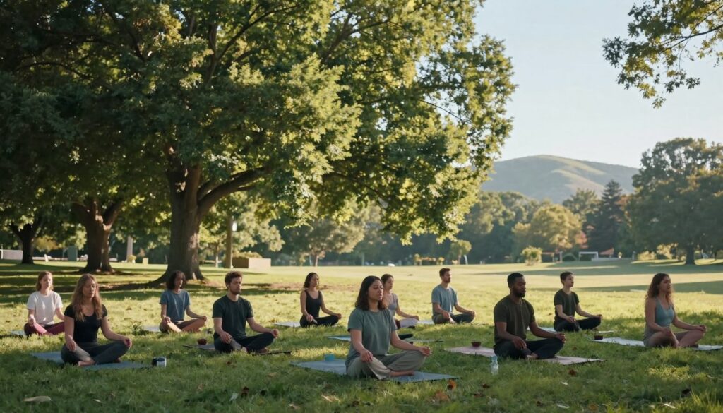 A serene park setting in Clarkston during an early morning meditation session. In the foreground, a diverse group of individuals dressed in modest casual clothing, sitting cross-legged on yoga mats, with their eyes closed and peaceful expressions, absorbing the tranquility around them. The middle ground features lush green trees with dappled sunlight filtering through the leaves, creating a gentle glow that enhances the calm atmosphere. In the background, soft rolling hills are visible under a clear blue sky. The scene captures the essence of guided meditation, enveloped in a soothing ambiance. Use soft, natural lighting with a wide-angle lens to emphasize the spaciousness, evoking a sense of peace and mindfulness.