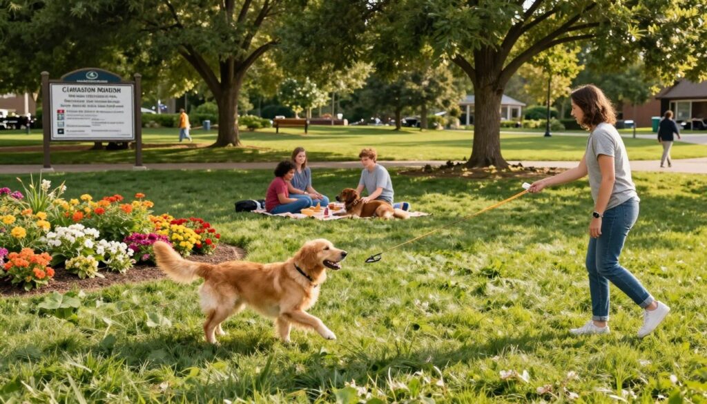 A spacious pet-friendly park in Clarkston, featuring a lush green landscape with well-maintained grass and colorful flower beds. In the foreground, a cheerful golden retriever plays fetch with its owner, a person in casual attire, demonstrating safe play practices. In the middle ground, a family enjoys a picnic, their dog resting beside them, showcasing compliance with safety protocols like leashes and designated pet areas. The background reveals a park sign displaying safety regulations, framed by tall trees, providing shade and a sense of community. The lighting is warm and inviting, suggesting a sunny afternoon, captured from a slightly elevated angle to include both people and pets, emphasizing a safe and happy atmosphere for families and their pets. A spacious pet-friendly park in Clarkston, featuring a lush green landscape with well-maintained grass and colorful flower beds. In the foreground, a cheerful golden retriever plays fetch with its owner, a person in casual attire, demonstrating safe play practices. In the middle ground, a family enjoys a picnic, their dog resting beside them, showcasing compliance with safety protocols like leashes and designated pet areas. The background reveals a park sign displaying safety regulations, framed by tall trees, providing shade and a sense of community. The lighting is warm and inviting, suggesting a sunny afternoon, captured from a slightly elevated angle to include both people and pets, emphasizing a safe and happy atmosphere for families and their pets.