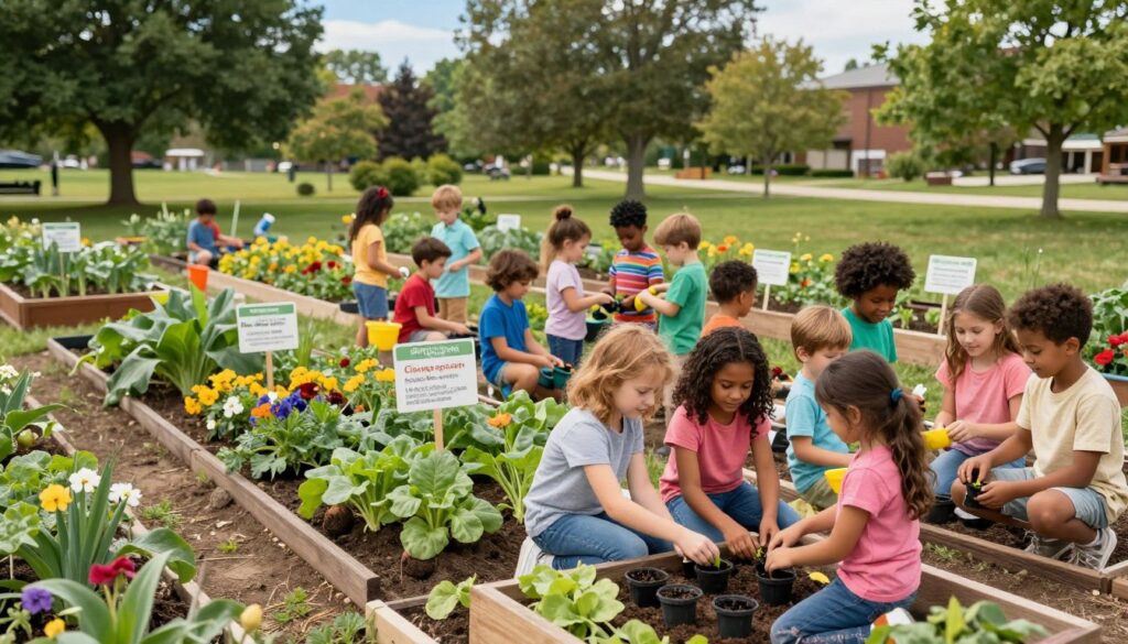 A vibrant community garden in Clarkston, filled with children of diverse backgrounds enthusiastically learning about gardening. In the foreground, a group of kids, ages 6 to 12, dressed in colorful, modest clothing, are planting seeds in small pots, their faces lit up with joy and curiosity. The middle ground features rows of flourishing vegetables and flowers, with educational signs about plants and gardening techniques. In the background, a serene park setting with trees and a clear blue sky creates a peaceful atmosphere. The scene is captured with soft, natural lighting, evoking a warm, sunny day. Use a wide-angle perspective to encompass the lively activities, highlighting the sense of community and connection among the children as they engage with nature.