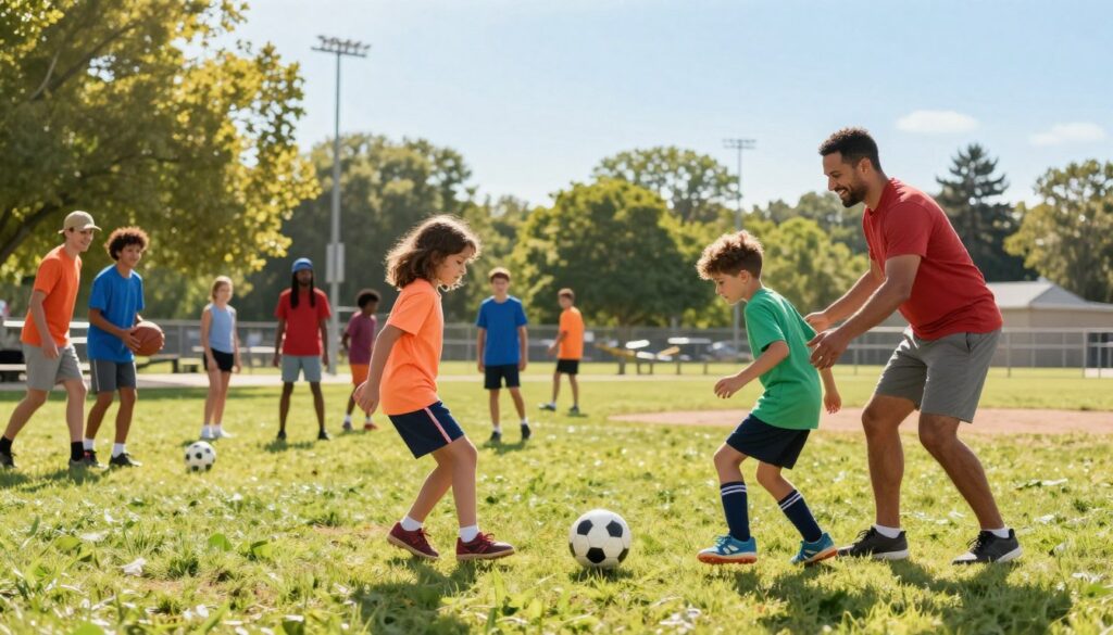 A vibrant community sports scene in Clarkston, showcasing a diverse family-friendly league activity. In the foreground, a smiling family of four—parents and two children—are dressed in colorful athletic wear, engaged in a friendly game of soccer. The parents are showing playful encouragement to the kids as they kick the ball. In the middle ground, several families are participating in various sports activities like basketball and baseball, creating a sense of community and camaraderie. The background features a sunny, well-maintained sports park with green grass, trees, and a clear blue sky. The image is captured from a low angle to emphasize the joy of the participants and create an immersive atmosphere, with warm sunlight filtering through the leaves, casting a cheerful glow over the scene.