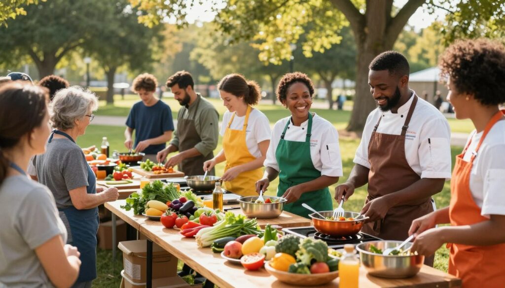 A vibrant cooking demonstration scene set in Clarkston, featuring a well-lit outdoor kitchen with an assortment of fresh vegetables, fruits, and cooking utensils arranged on a wooden table. In the foreground, a diverse group of professional chefs in colorful aprons showcase healthy cooking techniques, smiling and interacting with an engaged audience. The middle ground includes a variety of cooking stations where participants try new recipes under the guidance of instructors. The background reveals a lush park setting, with greenery and trees, enhancing the atmosphere of community and wellness. Soft afternoon sunlight filters through the leaves, casting a warm, inviting glow that highlights the colors of the ingredients and the joyful expressions of the participants.