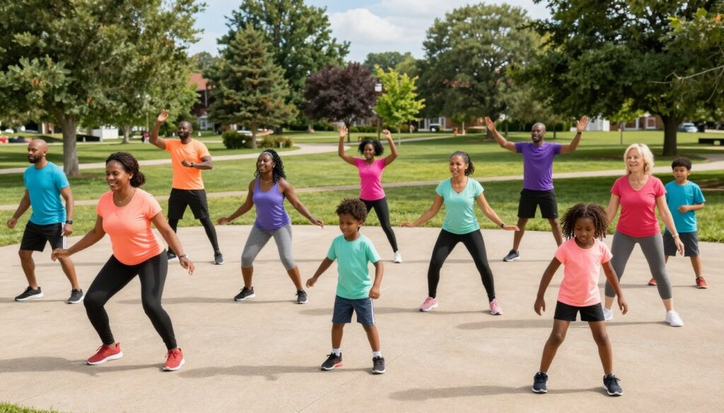 A vibrant outdoor scene of a family boot camp in Clarkston, showcasing various families engaged in fitness activities together. In the foreground, a diverse group of parents and children are performing exercises, like jumping jacks and lunges, all wearing colorful, modest activewear. The middle ground features instructors guiding participants, offering encouragement and demonstrating techniques. The background reveals a beautiful park setting with green trees and a bright blue sky, suggesting a sunny day. Soft, natural lighting highlights the joyful expressions on their faces, creating an atmosphere of camaraderie and fun. The scene is captured from a slightly elevated angle to provide a clear view of the collective energy and engagement in fitness activities, conveying a sense of health, positivity, and community spirit.