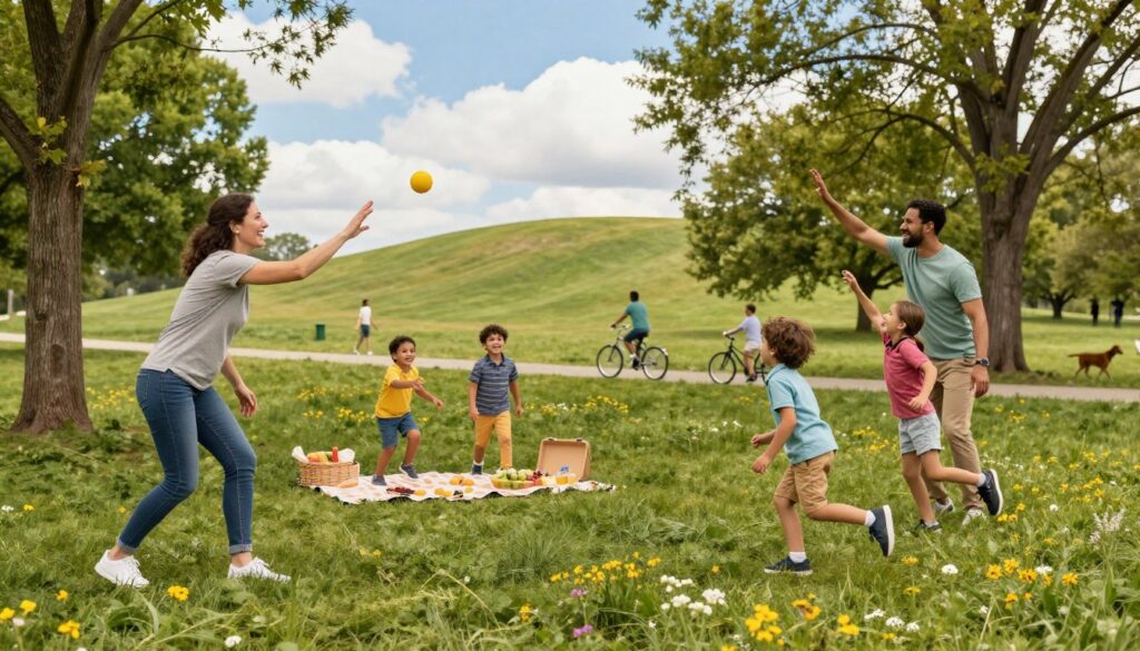 A joyful family engaged in various outdoor activities in a picturesque park setting in Clarkston. In the foreground, a mother and father are playing catch with their children, who are smiling and running energetically. The middle ground features a picnic blanket adorned with healthy snacks, surrounded by trees and vibrant wildflowers, indicating a warm, sunny day. In the background, a gentle hill leads to a blue sky with fluffy white clouds, while other families can be seen riding bicycles and walking dogs. The scene is bathed in soft, natural lighting, capturing the lively atmosphere of outdoor fun and fitness. The image should convey a sense of harmony and togetherness in nature.