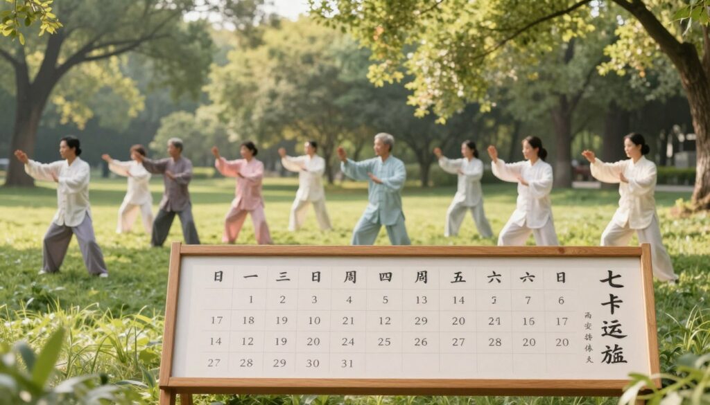A serene and inviting scene depicting a Tai Chi class schedule prominently featuring a beautiful, well-organized bulletin board. In the foreground, a wooden board with neatly arranged class times and dates, written in elegant calligraphy. The middle ground features a tranquil park setting with lush green grass and tall trees providing dappled sunlight, creating a peaceful atmosphere. Soft pastel colors dominate the scene, evoking a sense of calm. In the background, a group of individuals, dressed in modest casual clothing, are gracefully practicing Tai Chi, showcasing various flowing movements with gentle expressions on their faces. The soft, warm lighting enhances the serene and inclusive vibe of the space, inviting viewers of all ages to join in. A serene and inviting scene depicting a Tai Chi class schedule prominently featuring a beautiful, well-organized bulletin board. In the foreground, a wooden board with neatly arranged class times and dates, written in elegant calligraphy. The middle ground features a tranquil park setting with lush green grass and tall trees providing dappled sunlight, creating a peaceful atmosphere. Soft pastel colors dominate the scene, evoking a sense of calm. In the background, a group of individuals, dressed in modest casual clothing, are gracefully practicing Tai Chi, showcasing various flowing movements with gentle expressions on their faces. The soft, warm lighting enhances the serene and inclusive vibe of the space, inviting viewers of all ages to join in.