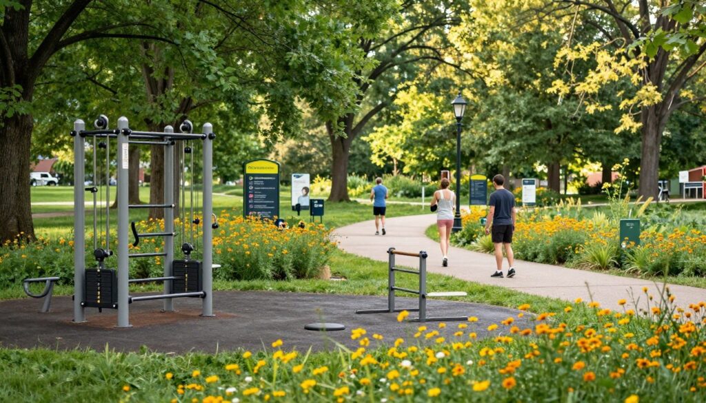 A serene fitness trail in Clarkston surrounded by lush green trees and vibrant wildflowers. In the foreground, include a well-maintained outdoor fitness station with various workout equipment such as pull-up bars, balance beams, and resistance machines. In the middle ground, depict an inviting path lined with fitness signage encouraging exercise, with a few individuals in modest casual activewear engaging in workouts, showcasing the trail's community aspect. The background should feature a softly lit park with dappled sunlight filtering through the leaves, evoking a tranquil and motivating atmosphere. Use a wide-angle lens to capture the depth of the trail, emphasizing the blending of nature and fitness.