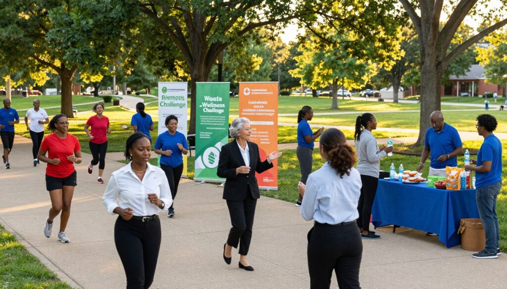 A vibrant community scene in Clarkston depicting a wellness challenge. In the foreground, a diverse group of people of various ages, dressed in professional business attire and modest casual clothing, engage in activities like jogging, stretching, and discussing health tips. In the middle ground, colorful banners promoting wellness and healthy living subtly adorn the area, while friendly volunteers hand out water bottles and healthy snacks. The background features a lush park with trees and walking paths, bathed in warm, golden sunlight of a late afternoon, creating an inviting and energetic atmosphere. The scene conveys a sense of community spirit, motivation, and support, capturing the essence of collective health improvement.
