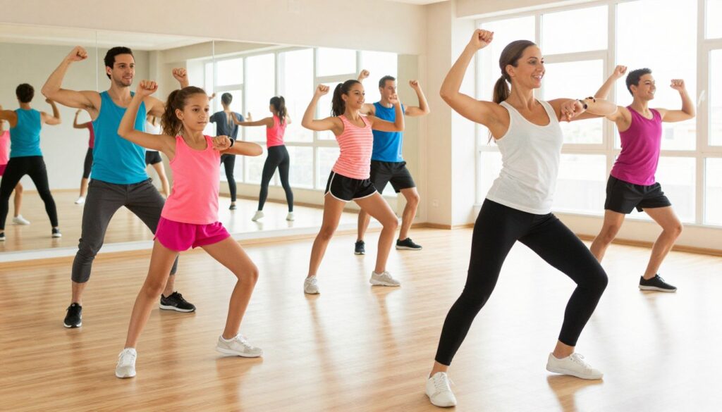 A vibrant indoor family dance workout scene featuring a diverse group of family members, including parents and children, joyfully participating in various dance styles such as hip-hop, salsa, and Zumba. In the foreground, capture the energetic poses of a mother and her daughter mid-dance, both in modest, colorful athletic wear. In the middle ground, include another family practicing synchronized dance moves, showcasing their smiles and connection. The background should feature mirrors and a spacious studio with bright, natural lighting flooding in through large windows. The atmosphere should be lively and encouraging, emphasizing fun and fitness, with a dynamic angle that gives a sense of movement, as if the viewer is part of the dance. A vibrant indoor family dance workout scene featuring a diverse group of family members, including parents and children, joyfully participating in various dance styles such as hip-hop, salsa, and Zumba. In the foreground, capture the energetic poses of a mother and her daughter mid-dance, both in modest, colorful athletic wear. In the middle ground, include another family practicing synchronized dance moves, showcasing their smiles and connection. The background should feature mirrors and a spacious studio with bright, natural lighting flooding in through large windows. The atmosphere should be lively and encouraging, emphasizing fun and fitness, with a dynamic angle that gives a sense of movement, as if the viewer is part of the dance.