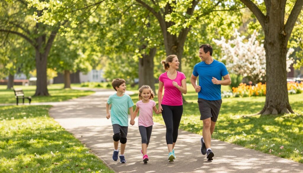 A vibrant scene depicting a family engaged in a training run in a picturesque Clarkston park setting. In the foreground, a mother and father, dressed in comfortable athletic attire, stride confidently alongside their two children, a boy and a girl, both beaming with joy. They hold hands and display an encouraging spirit, showcasing teamwork and family bonding. The middle ground features a paved running trail lined with lush green trees and blooming flowers, creating an inviting atmosphere. In the background, warm sunlight filters through the foliage, casting soft shadows and illuminating the cheerful expressions on the family's faces. The mood is uplifting and energetic, emphasizing the joy and togetherness of preparing for a fun run. Use a wide-angle lens to capture the expansive beauty of the park, with a focus on the family’s interaction. A vibrant scene depicting a family engaged in a training run in a picturesque Clarkston park setting. In the foreground, a mother and father, dressed in comfortable athletic attire, stride confidently alongside their two children, a boy and a girl, both beaming with joy. They hold hands and display an encouraging spirit, showcasing teamwork and family bonding. The middle ground features a paved running trail lined with lush green trees and blooming flowers, creating an inviting atmosphere. In the background, warm sunlight filters through the foliage, casting soft shadows and illuminating the cheerful expressions on the family's faces. The mood is uplifting and energetic, emphasizing the joy and togetherness of preparing for a fun run. Use a wide-angle lens to capture the expansive beauty of the park, with a focus on the family’s interaction.