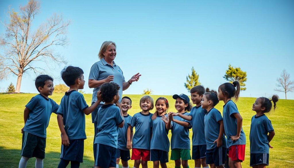 A dedicated volunteer youth sports coach stands proudly with a diverse group of young athletes at a local park soccer field. The coach, a middle-aged woman wearing a comfortable polo shirt and athletic pants, gestures encouragingly to a group of 10-12 kids in matching team uniforms, showing joy and teamwork. In the foreground, the kids, a mix of boys and girls of various ethnicities, share smiles and high-fives, embodying camaraderie. The middle background features the vibrant green of the grassy field under a clear blue sky, with a few trees lining the field. The lighting is warm and inviting, creating an uplifting atmosphere that emphasizes community spirit and enthusiasm for sports. The image is captured from a slightly low angle, showcasing the tower of their teamwork and connection.
