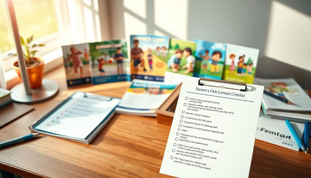A detailed and organized desk setup featuring a "Parent FAQ Contact Checklist" in the foreground, displayed prominently on a tidy wooden desk. The checklist should feature bullet points with common questions and contact information, illustrated with clear icons for easy navigation. In the middle ground, include colorful summer camp brochures and sports clinic flyers, showcasing active children engaging in various outdoor activities. In the background, soft sunlight filters through a window, casting gentle shadows that create a warm, inviting atmosphere. The mood should be informative yet relaxed, highlighting the spirit of summer camps. The scene should be shot from a slight overhead angle, emphasizing the structure of the layout while maintaining a focus on the checklist. A detailed and organized desk setup featuring a "Parent FAQ Contact Checklist" in the foreground, displayed prominently on a tidy wooden desk. The checklist should feature bullet points with common questions and contact information, illustrated with clear icons for easy navigation. In the middle ground, include colorful summer camp brochures and sports clinic flyers, showcasing active children engaging in various outdoor activities. In the background, soft sunlight filters through a window, casting gentle shadows that create a warm, inviting atmosphere. The mood should be informative yet relaxed, highlighting the spirit of summer camps. The scene should be shot from a slight overhead angle, emphasizing the structure of the layout while maintaining a focus on the checklist.