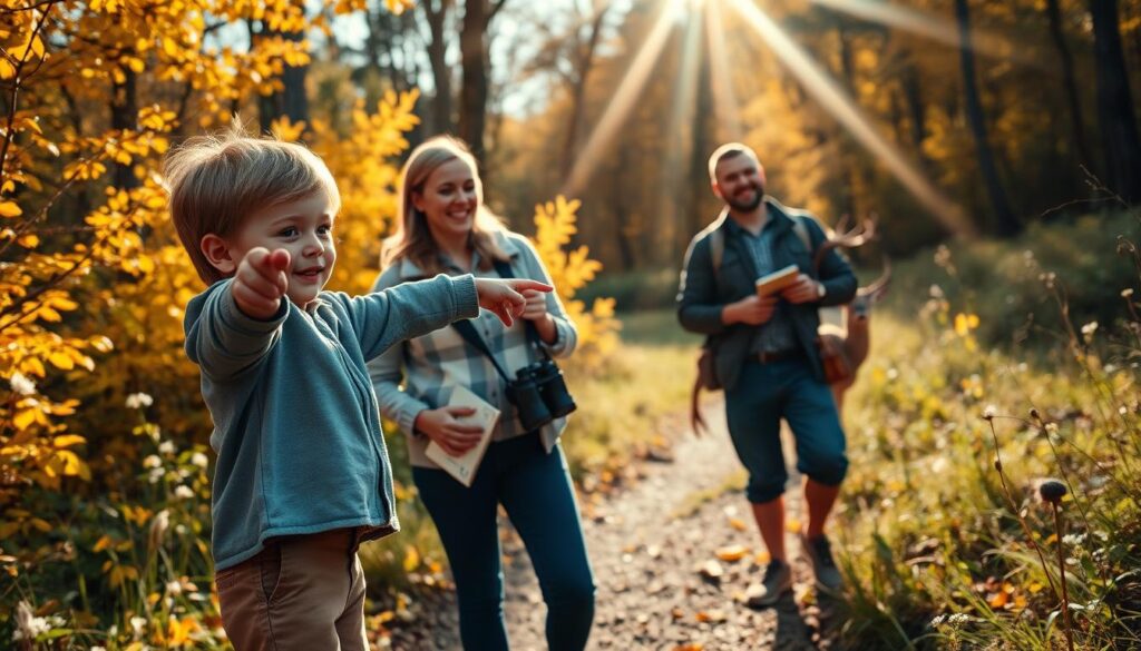 A family of four, dressed in modest casual clothing, enjoys a vibrant seasonal wildlife observation while hiking along a woodland trail. In the foreground, a young child points excitedly at a nearby deer grazing peacefully among the colorful autumn foliage, with golden leaves cascading around them. The middle ground showcases the parents observing the scene with smiles, equipped with binoculars and a small field guide, all set against a backdrop of lush greenery and scattered wildflowers. In the background, sun rays filter through the trees, creating a warm, inviting atmosphere. The scene captures a sense of connection to nature, highlighting the importance of wildlife observation in an accessible, family-friendly setting. The angle is slightly elevated, providing a panoramic view that emphasizes the beauty of the surroundings.