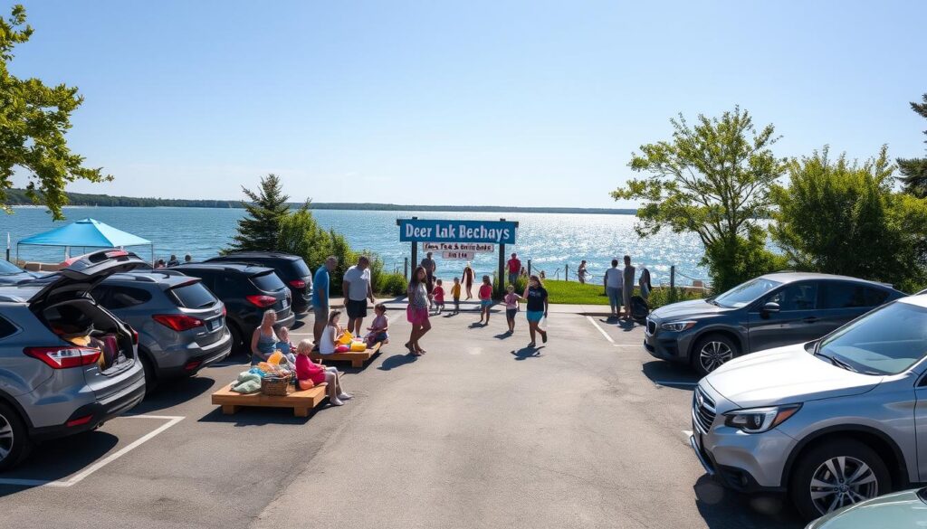 A scenic view of Deer Lake Beach Day's parking area, bustling with families preparing for a day of fun. In the foreground, a clean asphalt parking lot with neatly parked cars and colorful picnic setups. Families in modest casual clothing are unloading their gear, such as beach towels and picnic baskets, radiating excitement. The middle ground showcases the entrance to the swim area, marked with a friendly sign about fees and wristbands, surrounded by lush greenery. In the background, the serene lake sparkles under bright sunlight, with children joyfully splashing in the water. A wide-angle lens captures the vibrant atmosphere, emphasizing the warmth of summer with clear blue skies and gentle, inviting waves. The overall mood is cheerful and safe, highlighting a perfect family beach day.