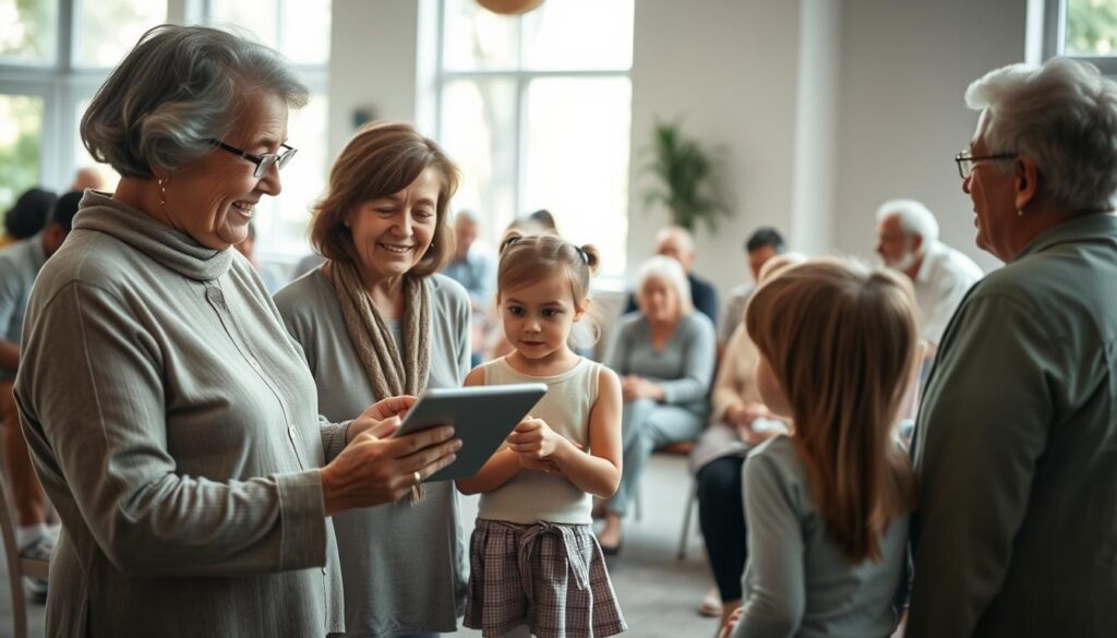 A serene community center setting during an intergenerational event, featuring a group of diverse adults aged 60 and above engaging with children in a thoughtful conversation about privacy and consent regarding photography. In the foreground, two seniors, a woman in her 70s wearing modest clothing and a man in his 60s in business casual attire, are showing a tablet to two curious kids, discussing photo-taking guidelines. The middle ground showcases a cozy circle of chairs where more participants, including parents, are listening attentively. The background features soft, natural lighting coming through large windows, trees visible outside, creating a warm and inviting atmosphere. The mood is friendly and informative, emphasizing respect and understanding in intergenerational communication. The scene is well-composed with a slight lens blur deepening focus on the foreground interaction.
