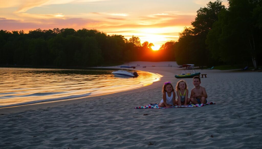 A serene sunset view at Deer Lake Beach, capturing the enchanting hues of orange, pink, and purple reflecting off calm waters. In the foreground, a sandy beach dotted with colorful beach towels and a picnic setup, showcasing a cheerful family with kids playing and enjoying their time together. The middle ground features gentle waves lapping at the shore, and a few rental paddle boats anchored nearby. The background displays lush green trees framing the beach, with the sun setting just above the horizon, casting warm golden light across the scene. Soft lens flare adds to the dreamy atmosphere, evoking a sense of tranquility and joy. The composition captures the perfect moment for families looking to create lasting memories at this picturesque location.