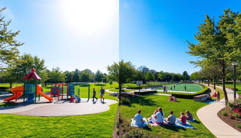A vibrant Clintonwood Park playground scene, showcasing two distinct play areas side by side. In the foreground, a colorful toddler-friendly play structure with soft safety mats, small slides, and toddler swings, surrounded by lush green grass and playful decorations. Nearby, a spacious teen area features a modern skate park with ramps, basketball court, and open fields for soccer, with teenagers actively engaging in sports and games. The middle ground shows families enjoying picnics on blankets, under the shade of tall trees, creating a warm community atmosphere. The background includes picturesque walking trails lined with flowering shrubs and the bright blue sky above, casting soft sunlight across the scene, enhancing the lively and welcoming mood of the park.