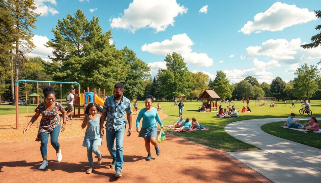 A vibrant and engaging family playground scene at Clintonwood Park during a sunny afternoon. In the foreground, a diverse family of four, dressed in comfortable casual clothing, joyfully exploring various sections of the playground, which includes swings, slides, and climbing structures. In the middle ground, other families are seen picnicking on colorful blankets, while children play soccer and ride bikes on paved pathways. The background features lush greenery with tall trees, and a clear blue sky dotted with fluffy white clouds. Warm, soft sunlight bathes the scene, creating an inviting and cheerful atmosphere. Capture a wide-angle perspective to emphasize the park's spaciousness and inclusivity, making it a perfect day for family activities.