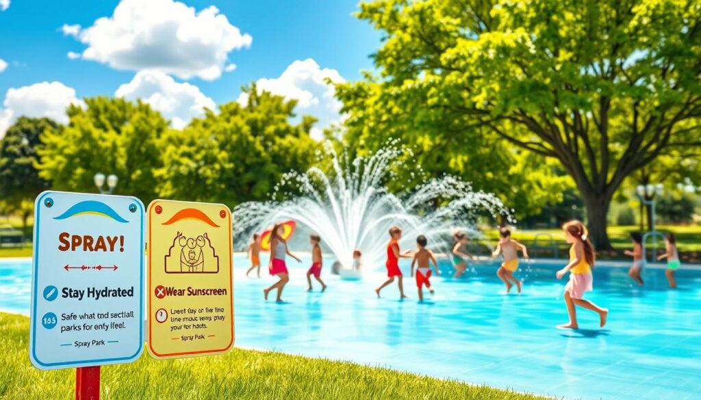 A vibrant and informative image depicting spray park safety rules. In the foreground, create an illustration of colorful signage showcasing key safety guidelines, such as "Stay Hydrated" and "Wear Sunscreen." The middle ground features a diverse group of children in modest summer attire playing joyfully, splashing water, and engaging with the spray features, demonstrating safe play etiquette. In the background, lush green trees provide shade, contrasting with a bright blue sky filled with soft, fluffy clouds. The scene is bathed in warm, sunlight to evoke a sense of summer fun and safety. Use a wide-angle lens perspective to capture the lively atmosphere, ensuring the composition feels inviting and family-friendly, emphasizing a mood of joy and safety at the spray park.