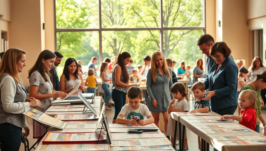 A vibrant and organized family event registration scene set in a sunlit community center. In the foreground, a welcoming registration table adorned with colorful flyers and banners, showcasing various family event details. Friendly staff, dressed in smart casual attire, assist cheerful families, with parents engaging their curious children. In the middle ground, a backdrop of happy families enjoying activities together, such as face painting and games, creates a sense of excitement. The background shows a large window allowing warm natural light to fill the space, with green trees visible outside, emphasizing a lively and inviting atmosphere. The scene captures a sense of community and anticipation with soft, warm lighting to evoke a friendly mood.
