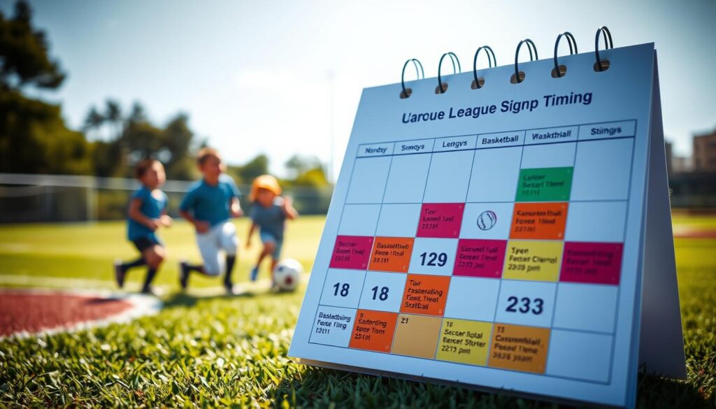 A vibrant calendar page illustrating the concept of league signup timing, set against a softly blurred background of a soccer field and a baseball diamond, conveying an energetic atmosphere. In the foreground, a neatly organized calendar displaying various registration windows in bold colors, with designated sections for soccer, baseball/softball, and basketball. Each sport's area is marked distinctly with icons representing the respective games. The lighting is bright and cheerful, suggesting a sunny day, enhancing the sense of excitement for youth participation. A soft-focus depiction of young athletes in modest athletic wear, smiling and engaged in sports, hints at the community involvement and camaraderie. The angle captures the calendar and the sports environment harmoniously, encouraging a sense of readiness and strategic planning for team placements.