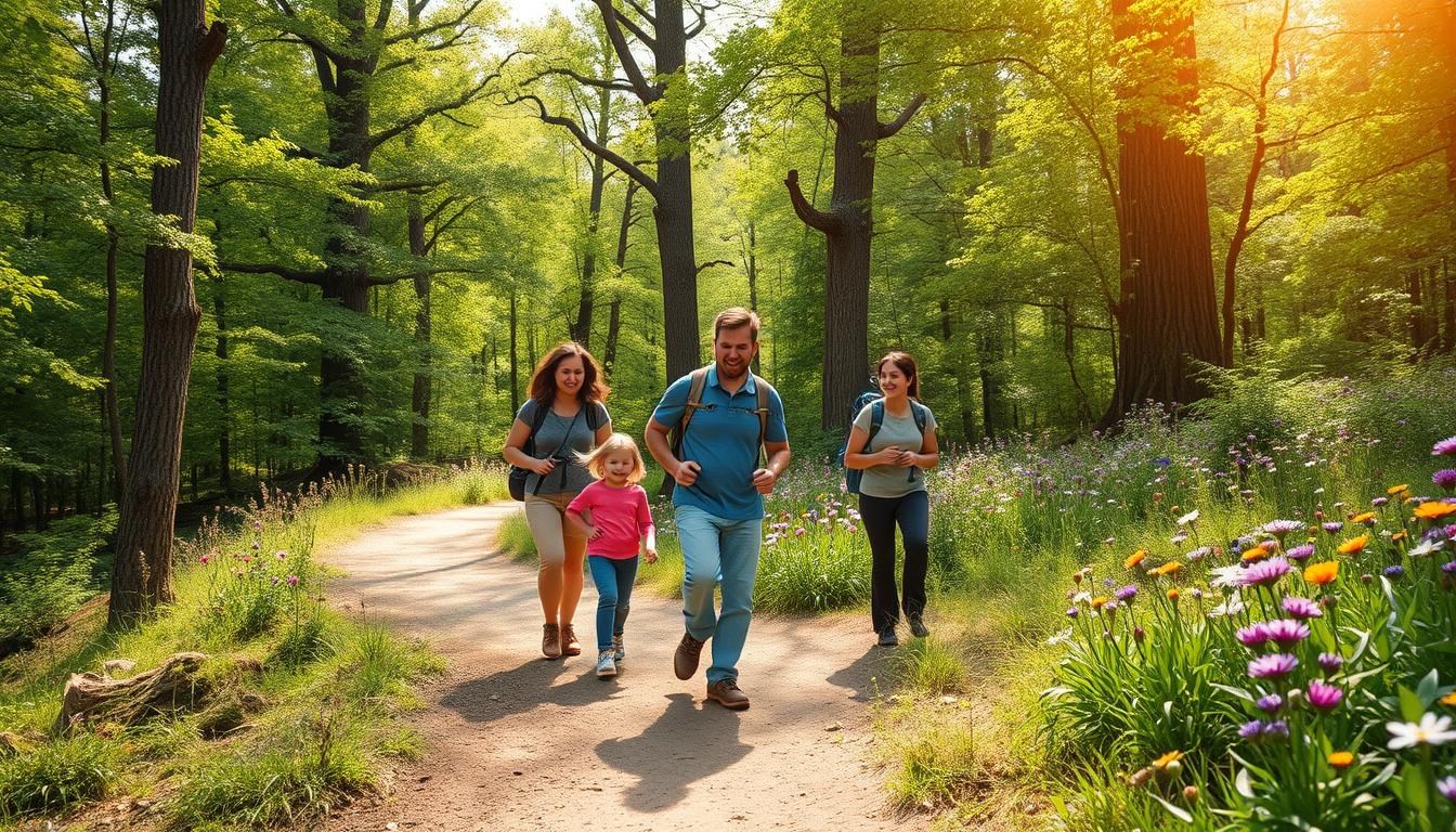 A vibrant family hiking scene on a nature trail that showcases the beauty of outdoor exploration. In the foreground, capture a diverse family of four - parents and two children - dressed in comfortable, casual clothing, happily navigating a forested trail. In the middle ground, include a winding dirt path lined with lush greenery and colorful wildflowers, highlighting trail surfaces. The background features majestic trees towering overhead with dappled sunlight filtering through the leaves, creating a warm, inviting atmosphere. A gentle breeze rustles the foliage, enhancing the serene mood of the moment. The angle should be slightly elevated, capturing both the family's engagement with nature and the inviting forest trail, evoking a sense of adventure and connection with the outdoors. The lighting is soft and natural, emphasizing the tranquility of the hiking experience.