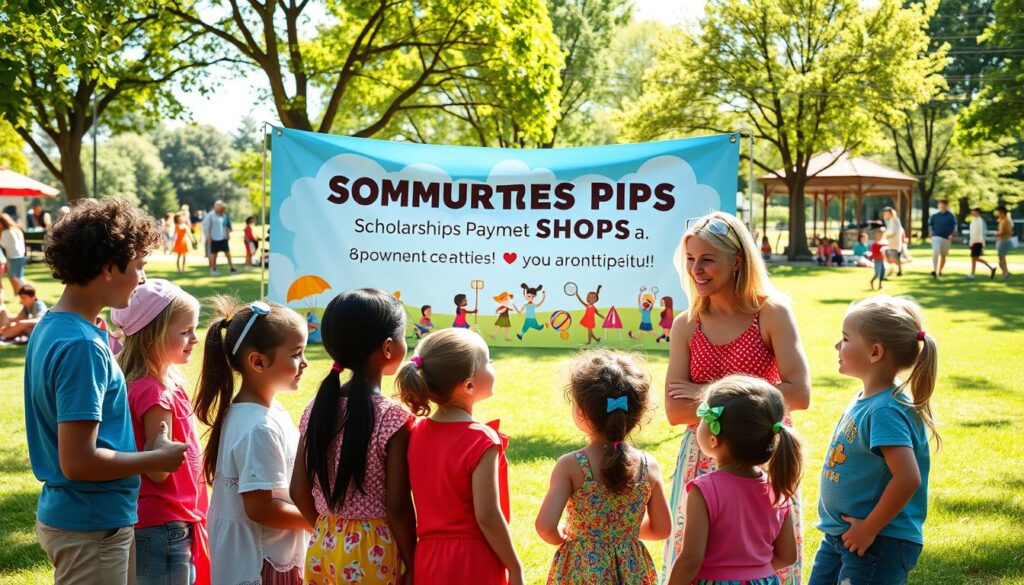 A vibrant, inviting scene illustrating a community center’s scholarship and payment plan initiative for summer day camps. In the foreground, a diverse group of children of varying ages, dressed in colorful summer attire, actively discussing the benefits of scholarships with a friendly, professional adult mentor. In the middle ground, a large banner displays cheerful imagery of sports and outdoor activities, symbolizing the various summer programs available. The background features a sunny park setting with trees and families enjoying the day, creating a lively atmosphere. The lighting is bright and cheerful, mimicking late morning sunlight. The angle is slightly elevated, capturing both the interaction and the joyful surroundings, emphasizing community and opportunity. A vibrant, inviting scene illustrating a community center’s scholarship and payment plan initiative for summer day camps. In the foreground, a diverse group of children of varying ages, dressed in colorful summer attire, actively discussing the benefits of scholarships with a friendly, professional adult mentor. In the middle ground, a large banner displays cheerful imagery of sports and outdoor activities, symbolizing the various summer programs available. The background features a sunny park setting with trees and families enjoying the day, creating a lively atmosphere. The lighting is bright and cheerful, mimicking late morning sunlight. The angle is slightly elevated, capturing both the interaction and the joyful surroundings, emphasizing community and opportunity.