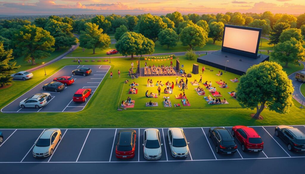 A vibrant lawn seating parking guide illustration for a summer concert and movie event. In the foreground, display an organized parking area with clearly marked spaces featuring neatly parked cars, some with families unloading picnic gear. In the middle ground, showcase a grassy area set up for seating with colorful blankets and happy families enjoying the outdoor concert, illuminated by soft, warm sunset lighting. In the background, capture a scenic park landscape with trees swaying gently, and a large screen where a movie is about to play. Use a slightly elevated angle, as if viewed from a drone, to give a comprehensive overview of the scene. The atmosphere should feel inviting and festive, reflecting a joyful summer evening. A vibrant lawn seating parking guide illustration for a summer concert and movie event. In the foreground, display an organized parking area with clearly marked spaces featuring neatly parked cars, some with families unloading picnic gear. In the middle ground, showcase a grassy area set up for seating with colorful blankets and happy families enjoying the outdoor concert, illuminated by soft, warm sunset lighting. In the background, capture a scenic park landscape with trees swaying gently, and a large screen where a movie is about to play. Use a slightly elevated angle, as if viewed from a drone, to give a comprehensive overview of the scene. The atmosphere should feel inviting and festive, reflecting a joyful summer evening.