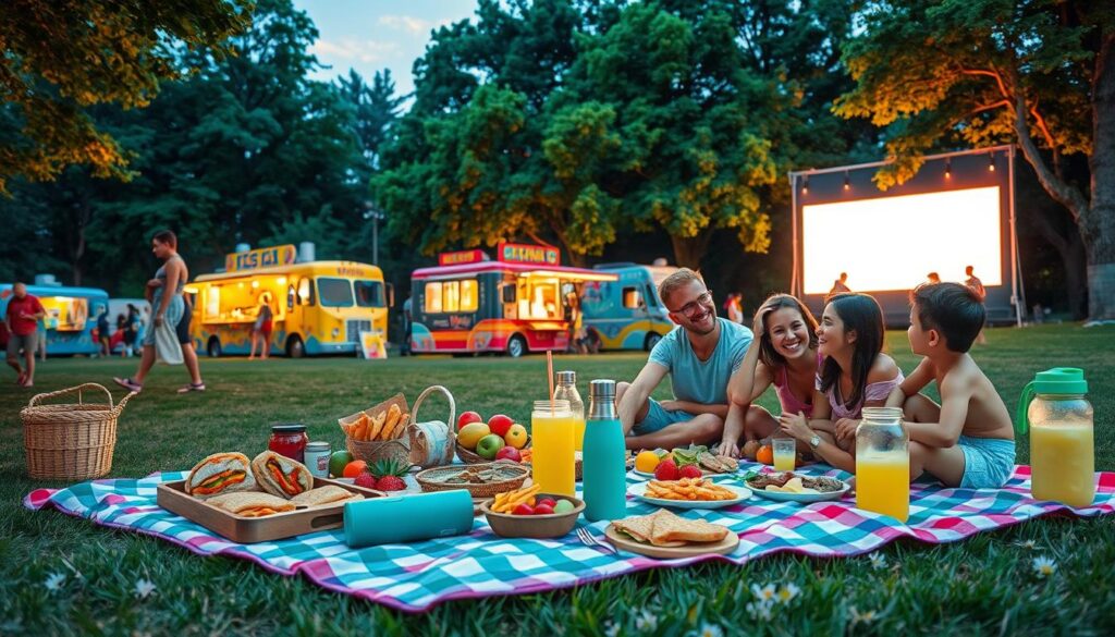 A vibrant summer evening scene in a park, bursting with life. In the foreground, a colorful picnic spread features a checkered blanket adorned with an array of freshly prepared foods like sandwiches, fruits, and snacks, with a thermos of lemonade beside it. Next to the blanket, a family of four, dressed in casual summer attire, enjoys their meal while laughing and chatting. In the middle, several food trucks offer a variety of mouth-watering options, their colorful designs attracting visitors. The background features a large outdoor movie screen casting a soft glow, surrounded by lush green trees under a twilight sky. The warm ambient lighting creates a joyful and inviting atmosphere, capturing the essence of community and outdoor summer fun. A vibrant summer evening scene in a park, bursting with life. In the foreground, a colorful picnic spread features a checkered blanket adorned with an array of freshly prepared foods like sandwiches, fruits, and snacks, with a thermos of lemonade beside it. Next to the blanket, a family of four, dressed in casual summer attire, enjoys their meal while laughing and chatting. In the middle, several food trucks offer a variety of mouth-watering options, their colorful designs attracting visitors. The background features a large outdoor movie screen casting a soft glow, surrounded by lush green trees under a twilight sky. The warm ambient lighting creates a joyful and inviting atmosphere, capturing the essence of community and outdoor summer fun.