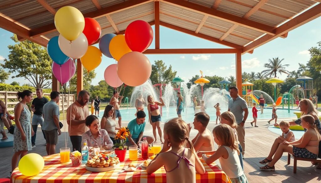 A vibrant summer scene featuring a bustling spray park party pavilion, showcasing families and friends enjoying a sunny day. In the foreground, a colorful picnic setup with balloons and birthday decorations encircles a shaded table filled with party treats and drinks. The middle ground reveals children joyfully splashing through water sprays, while adults in casual, modest summer clothing watch and engage in conversation. The background displays vibrant greenery and cheerful park features like slides and fountains under a bright blue sky, with soft sunlight casting warm highlights. Use a wide-angle lens perspective to capture the lively atmosphere, evoking a sense of fun and celebration ideal for summer gatherings.