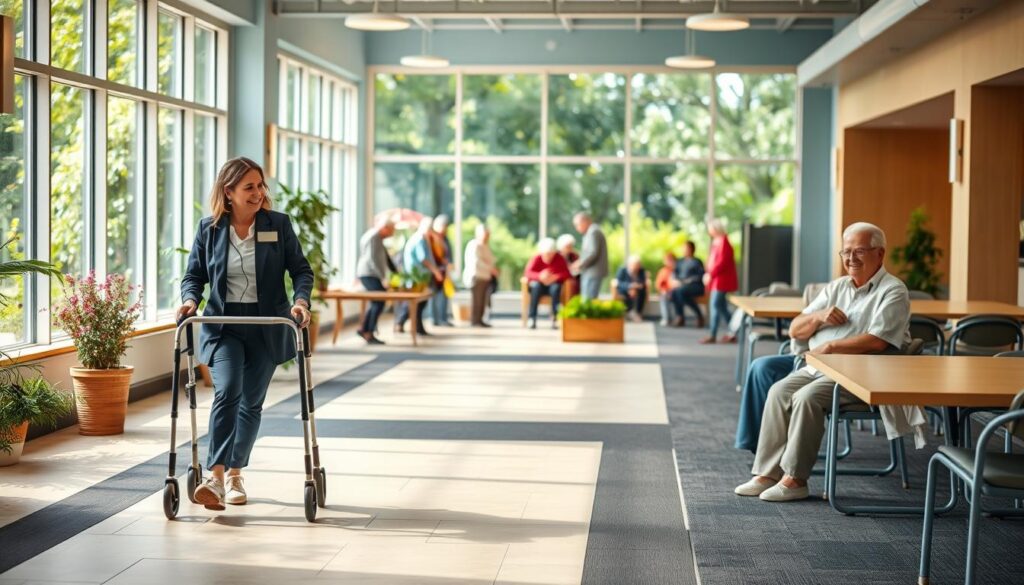 A welcoming senior center environment focusing on accessibility, featuring wide, well-lit pathways and ramps for easy navigation. In the foreground, a friendly staff member in professional attire assists an elderly person using a walker. In the middle, small groups of seniors engage in various activities, such as gardening and crafts, creating a lively atmosphere. The background showcases large windows allowing natural light to flood in, with vibrant greenery visible outside, enhancing a sense of community. The scene is warm and inviting, promoting inclusivity and support. Use soft, natural lighting with a shallow depth of field to emphasize the interactions between individuals. The overall mood is cheerful and inviting, encouraging connection across generations.