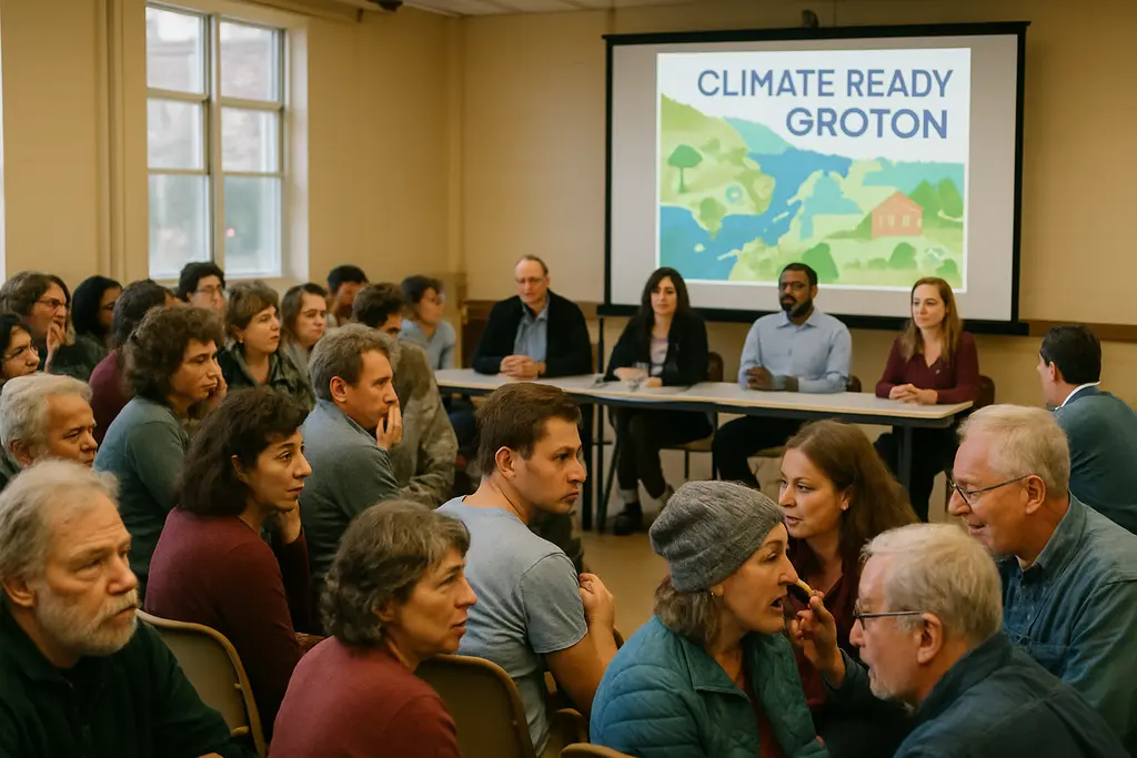 Climate Ready Groton planning materials on a table in a public meeting room