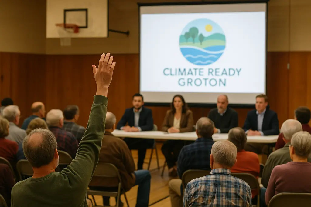 Climate Ready Groton discussion materials on a table before a town meeting