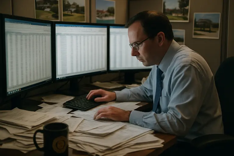 Financial charts and school documents spread across a desk