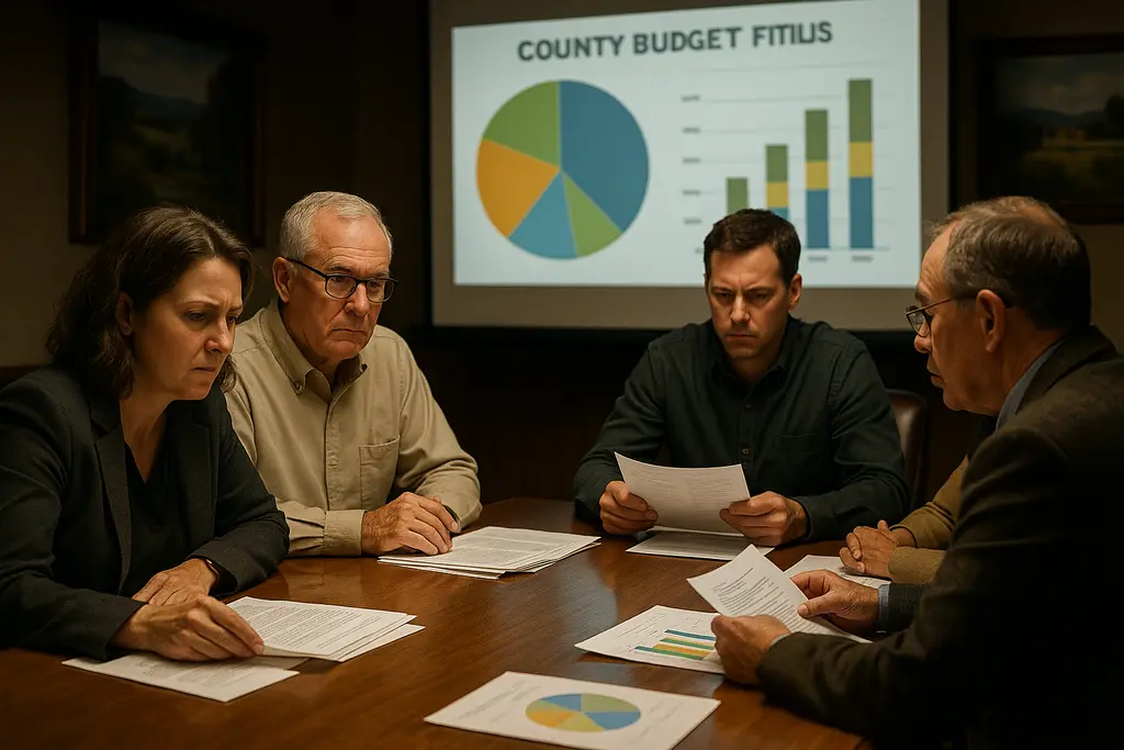 Harnett County budget documents beside a county meeting agenda