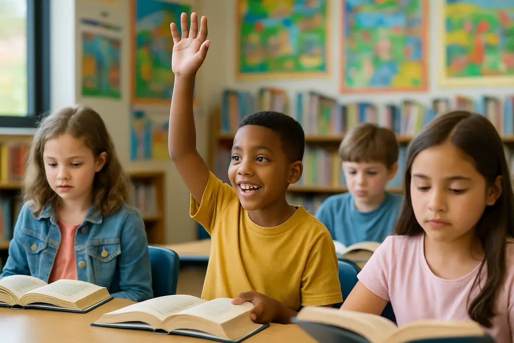 Moore County ELA pilot materials on a classroom desk with notebooks and pencils