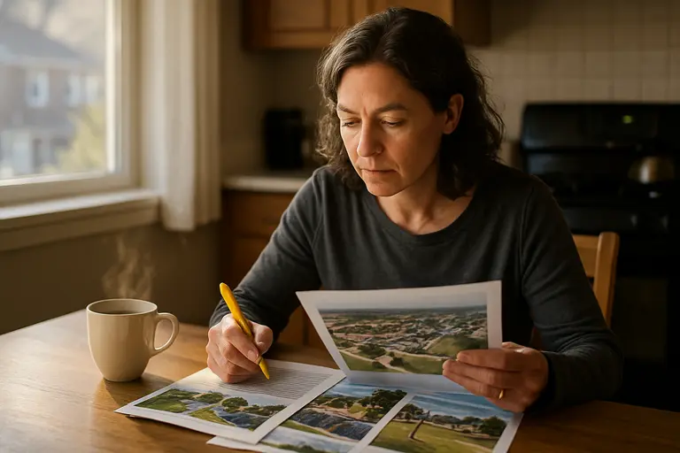 Resident reviewing meeting notes and agenda papers before a public session