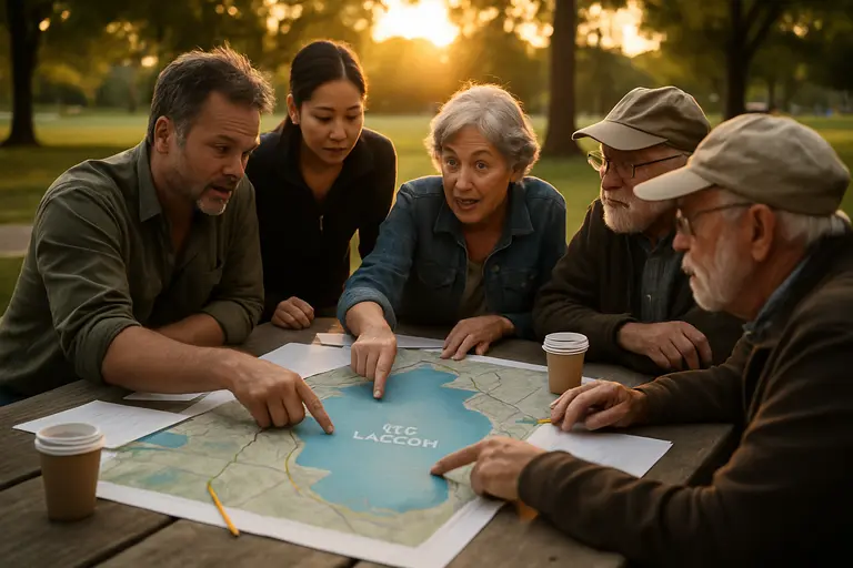 Residents reviewing a park pathway, parking area and restroom approach